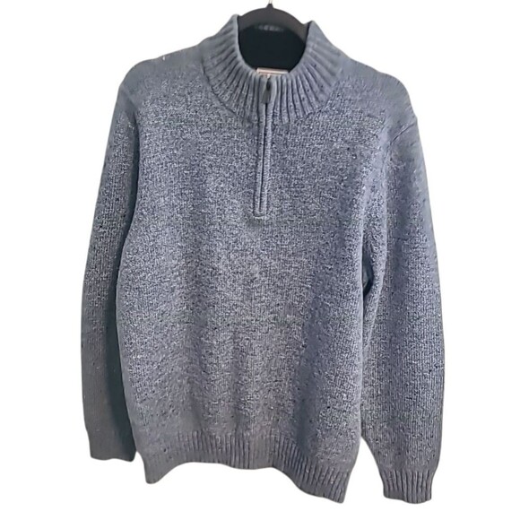 LL Bean Mens M 1/4 Zip Sweater Shetland Wool Blue Corduroy Elbow Patches Preppy - Picture 1 of 12